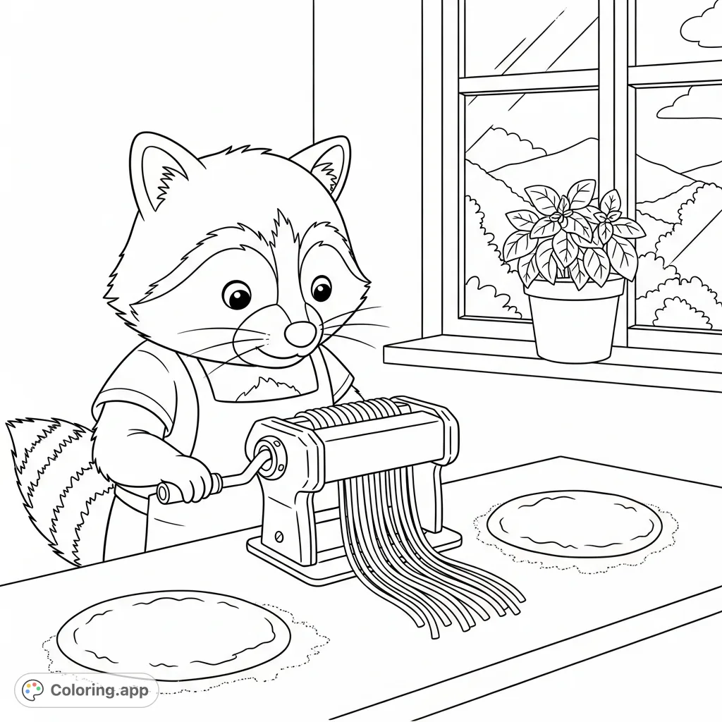 A charming kawaii raccoon diligently makes fresh fettuccine with a pasta maker, surrounded by baking essentials and a quaint windowsill basil plant.