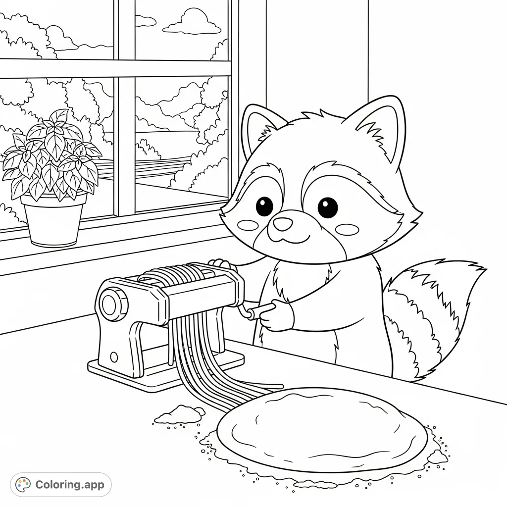 A charming kawaii raccoon diligently cranks a pasta maker, creating fresh fettuccine in a cozy kitchen setting with an outdoor window view and basil plant.