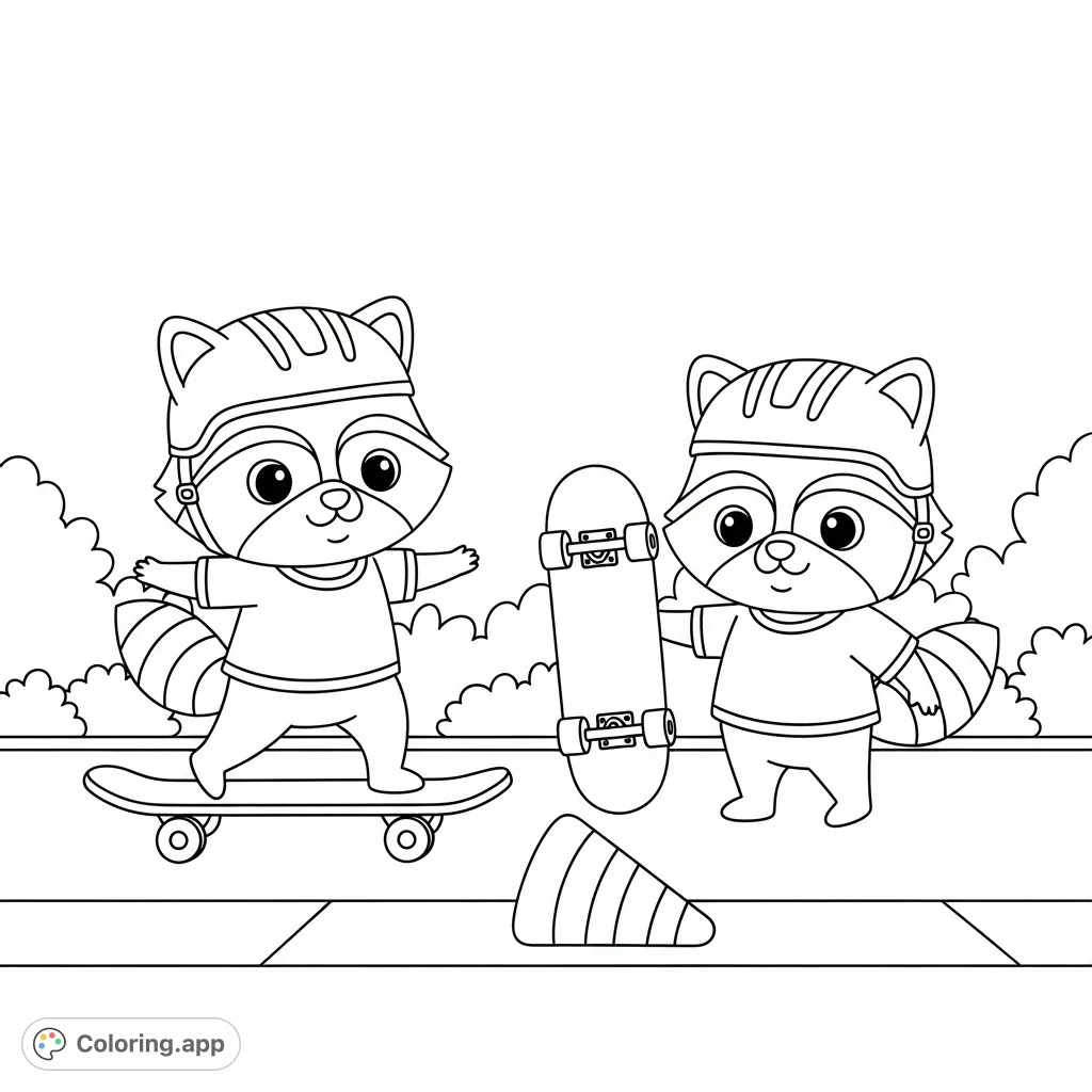 Discover adorable kawaii raccoons on a playful skateboarding adventure! This charming coloring page features two raccoons with skateboards, helmets, and striped tails, ready for fun.