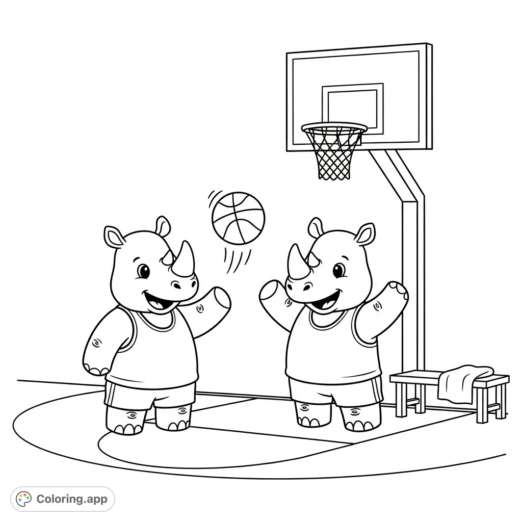 A charming free printable kawaii rhinos basketball coloring page. Two joyful rhinos play on the court with a bouncing ball and hoop, perfect for playful coloring fun.