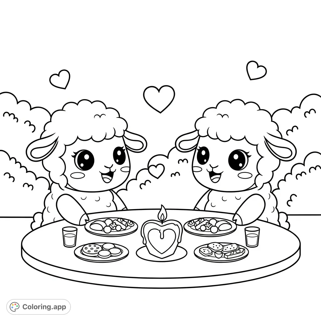 A heartwarming kawaii sheep coloring page featuring two sweet sheep enjoying a cozy dinner with a heart-shaped candle and floating hearts.