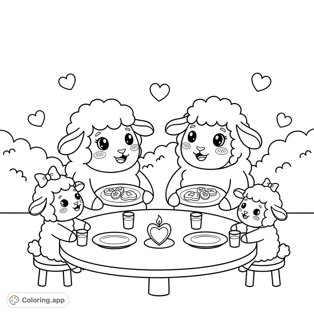 Enjoy this adorable kawaii sheep family coloring page, featuring a cozy dinner scene with mom, dad, and two kids, complete with simple plates and floating hearts.