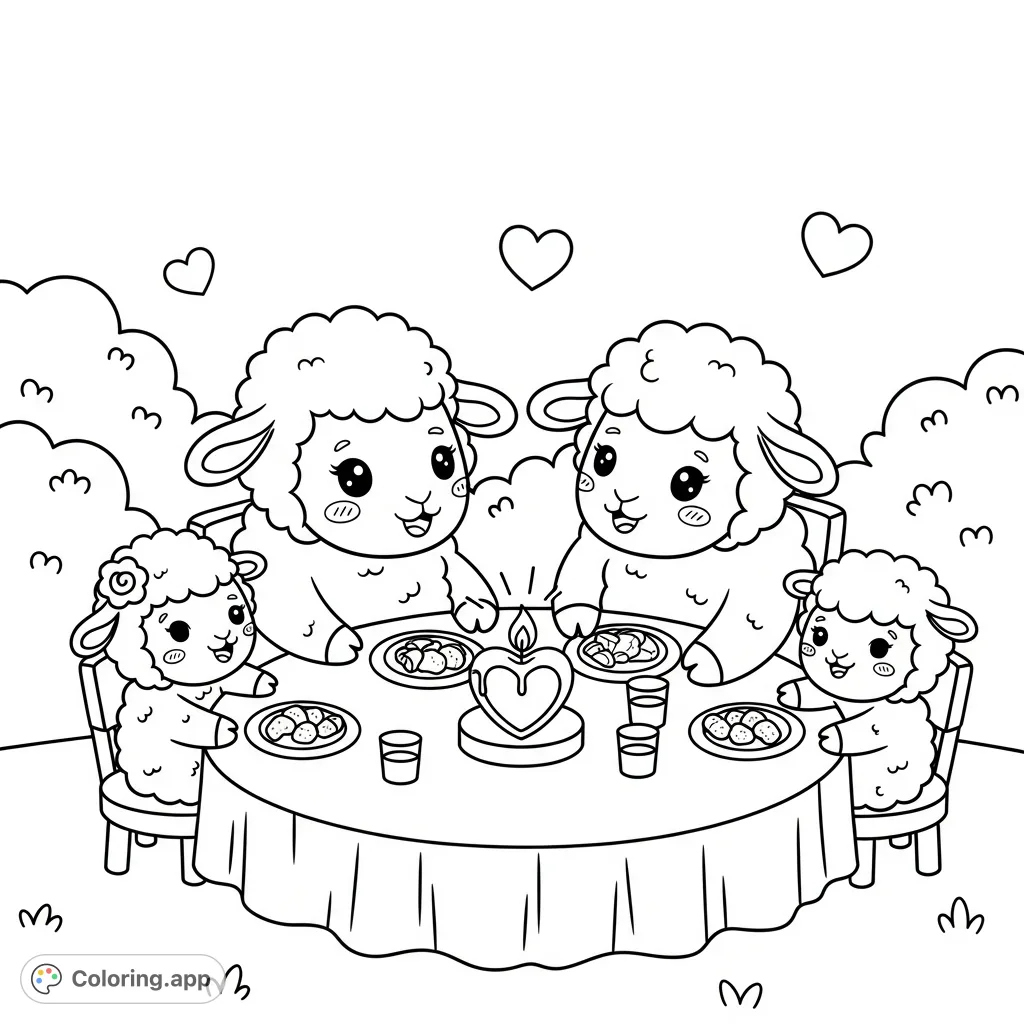 A heartwarming kawaii sheep family coloring page featuring mom, dad, and two kids sharing a cozy meal with a heart candle, surrounded by floating hearts.