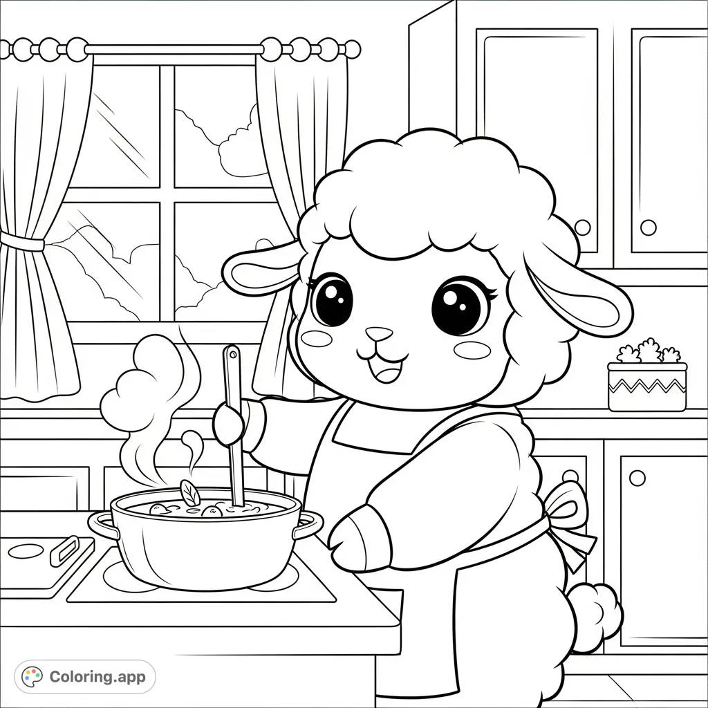 An adorable kawaii sheep diligently stirs a pot of soup in a cozy kitchen. This charming scene with simple elements is perfect for young colorists.