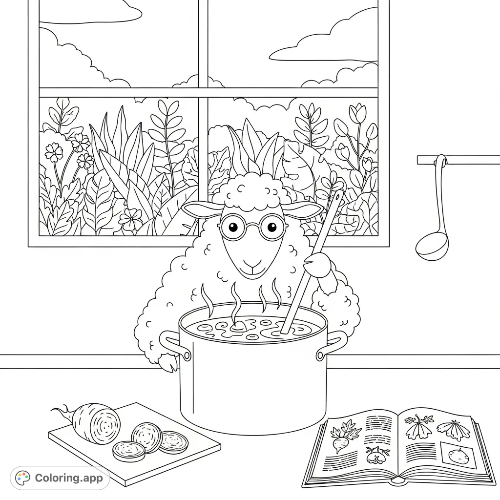 A charming kawaii sheep in spectacles stirs soup in a cozy kitchen, complete with a cutting board, recipe book, and a peaceful garden view.
