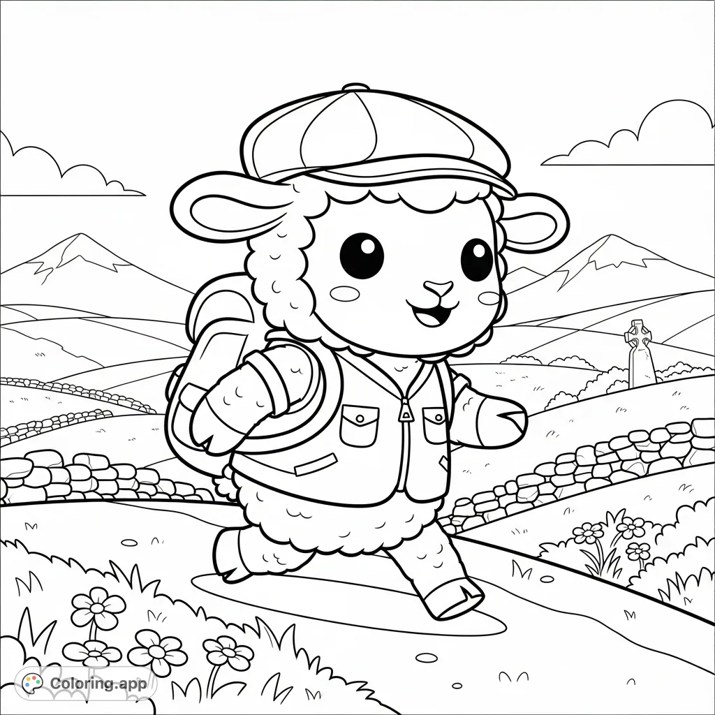 Join a cute, fluffy sheep on an adventure through the scenic Welsh countryside. This delightful coloring page features rolling hills, stone walls, and charming details.