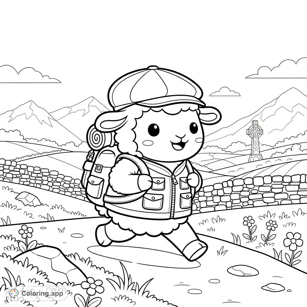 An adorable kawaii sheep in hiking gear explores the picturesque Welsh countryside, complete with rolling hills, stone walls, and wildflowers. A delightful adventure scene.