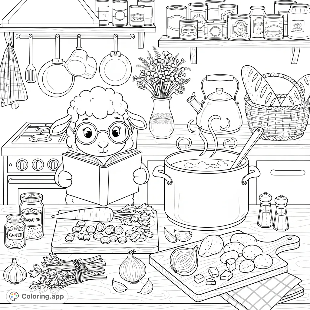 A delightful kitchen scene featuring a kawaii sheep in glasses, following a recipe to make soup amidst detailed vegetables, herbs, and charming cottage elements.
