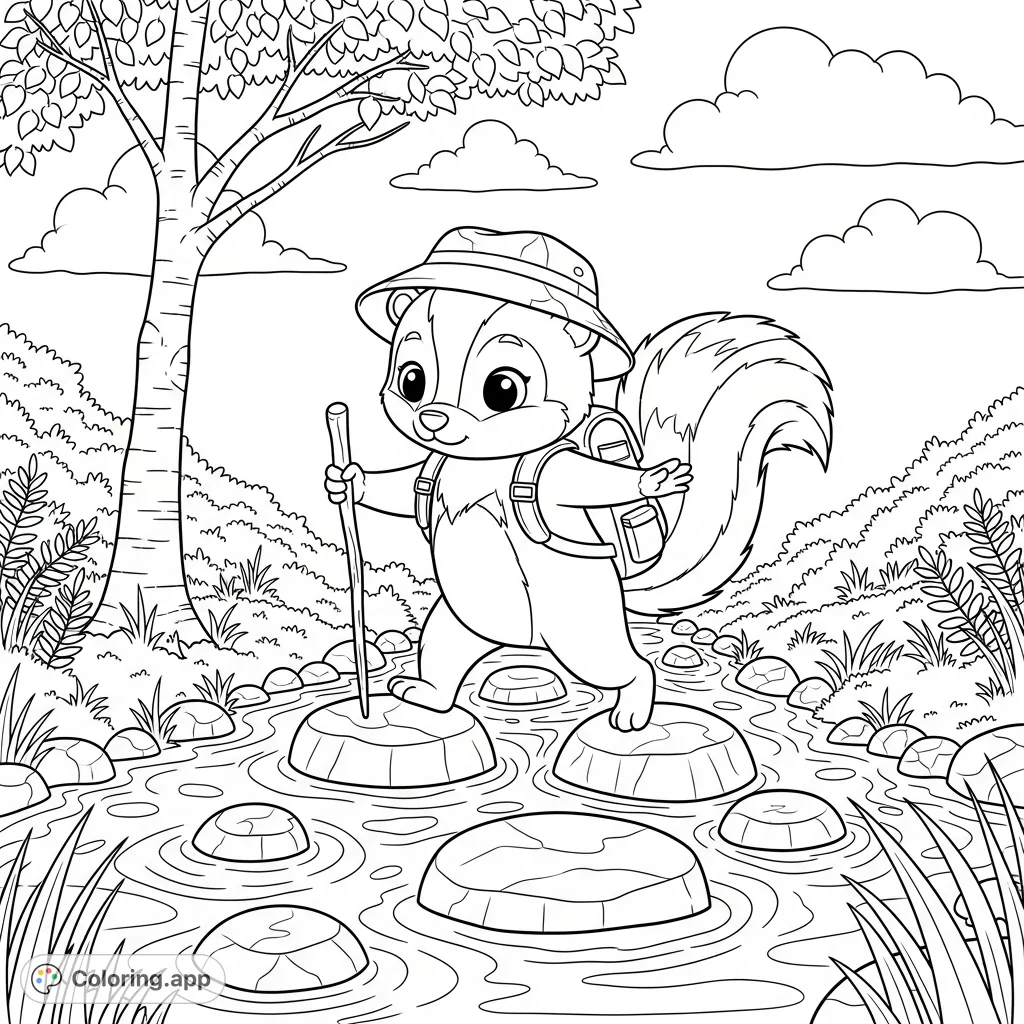 A charming kawaii skunk in a hiking hat and backpack carefully navigates a rocky stream with a walking stick, surrounded by nature's beauty.