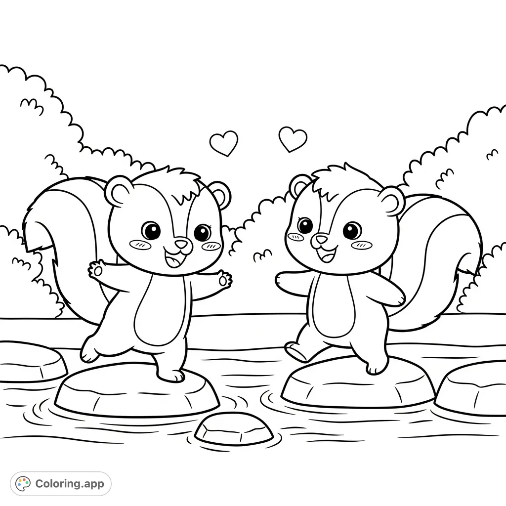 An endearing kawaii skunks coloring page features two charming characters carefully crossing a stream on stepping stones, surrounded by floating hearts and gentle bushes.