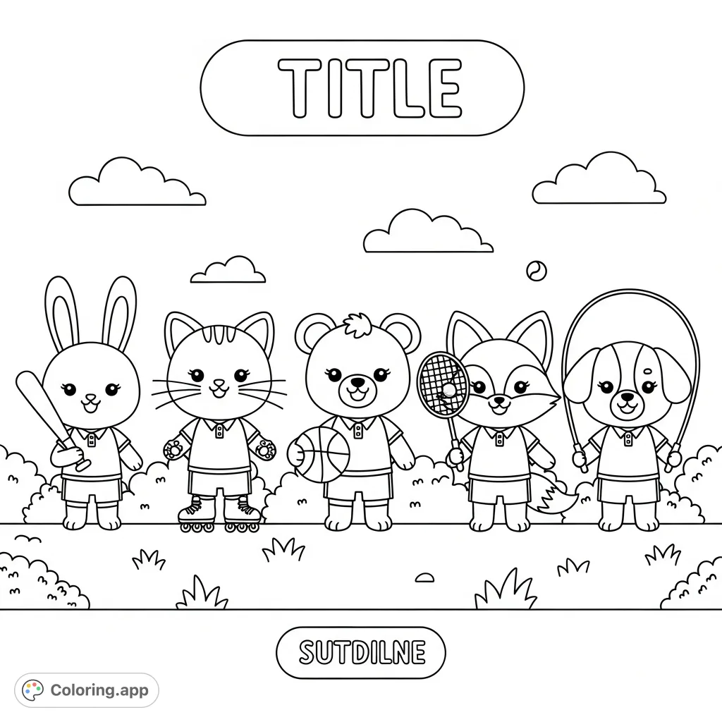 Discover five happy kawaii animals: a bunny, cat, bear, fox, and dog, each with a sports item. A fun and free printable coloring page for all ages!