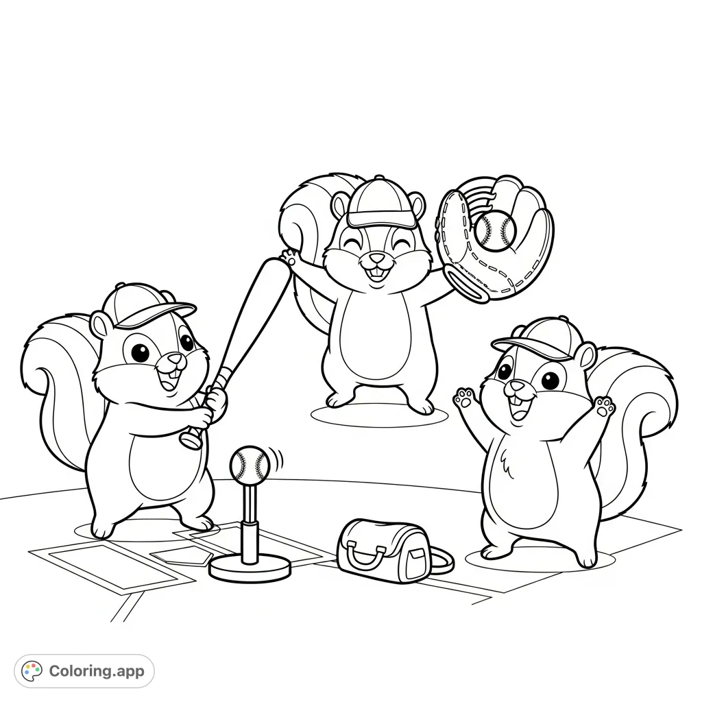 A delightful kawaii squirrels coloring page featuring three happy squirrels playing T-ball, perfect for a fun and cheerful coloring experience.