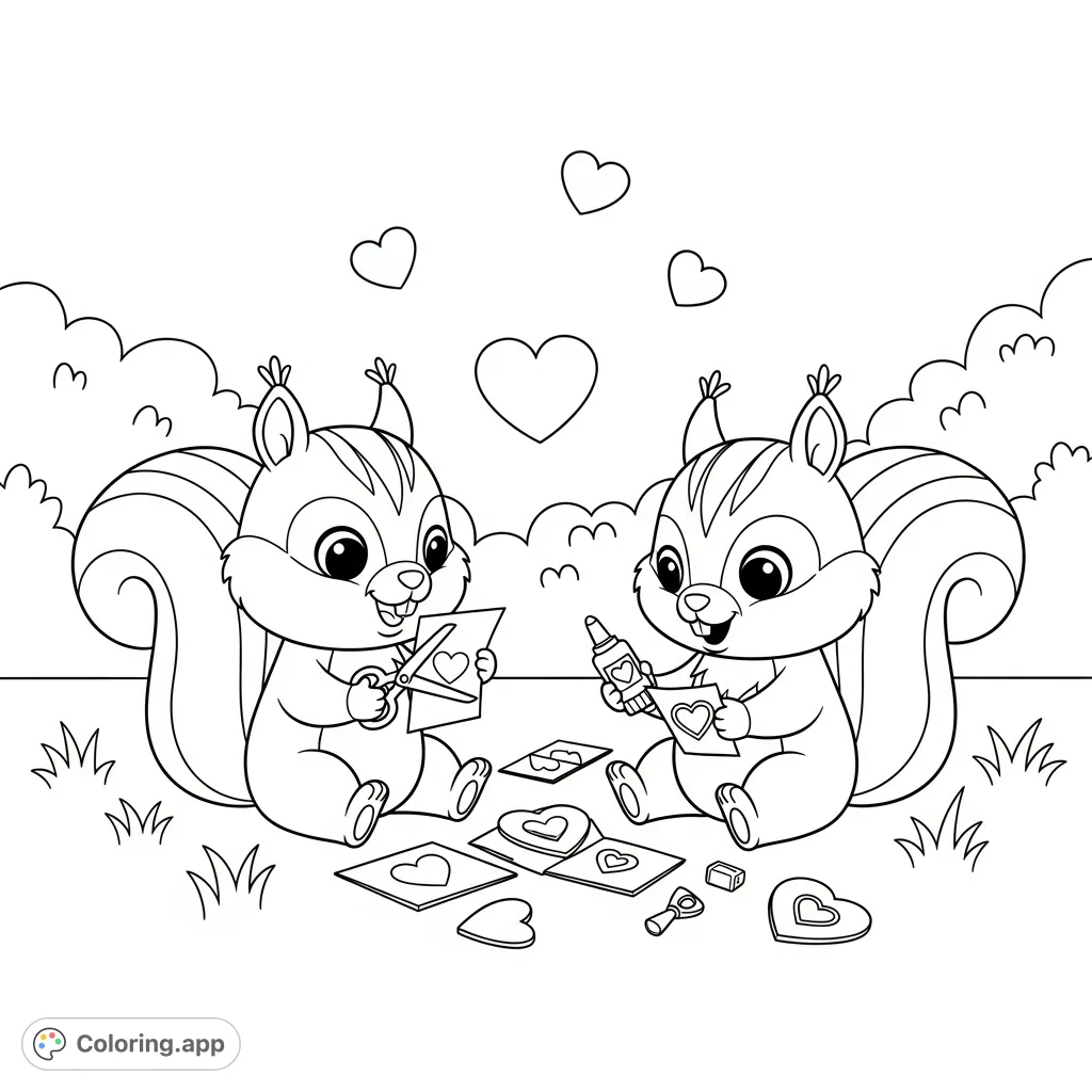 A delightful kawaii squirrel coloring page featuring two adorable squirrels crafting valentines with scissors, glue, and hearts, perfect for creative fun.