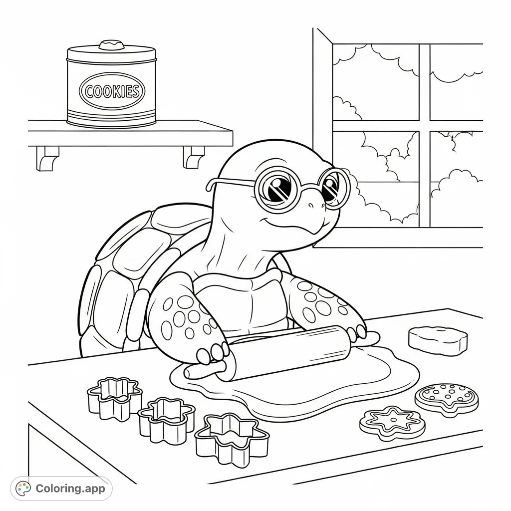 Discover a charming kawaii tortoise with glasses, busily rolling cookie dough. A delightful, cozy baking scene with cookies and a vintage tin awaits your creative touch.