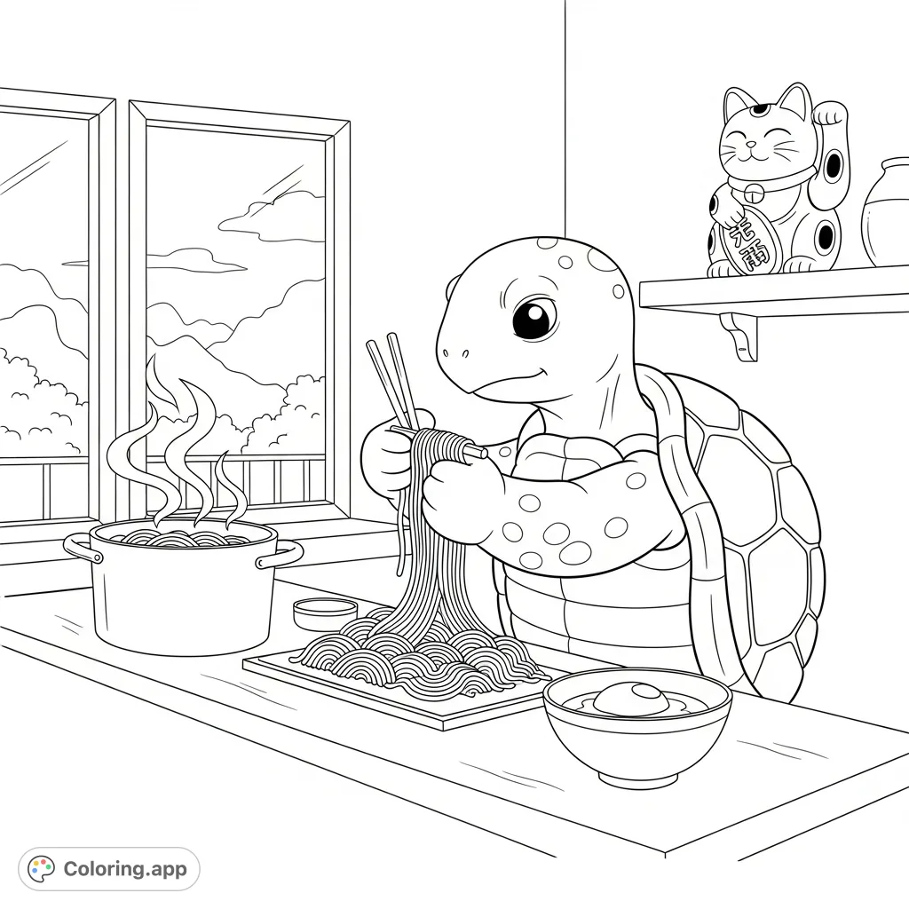 A charming kawaii turtle hand-pulls ramen noodles, surrounded by steaming broth and a lucky cat. A delightful free printable coloring page.