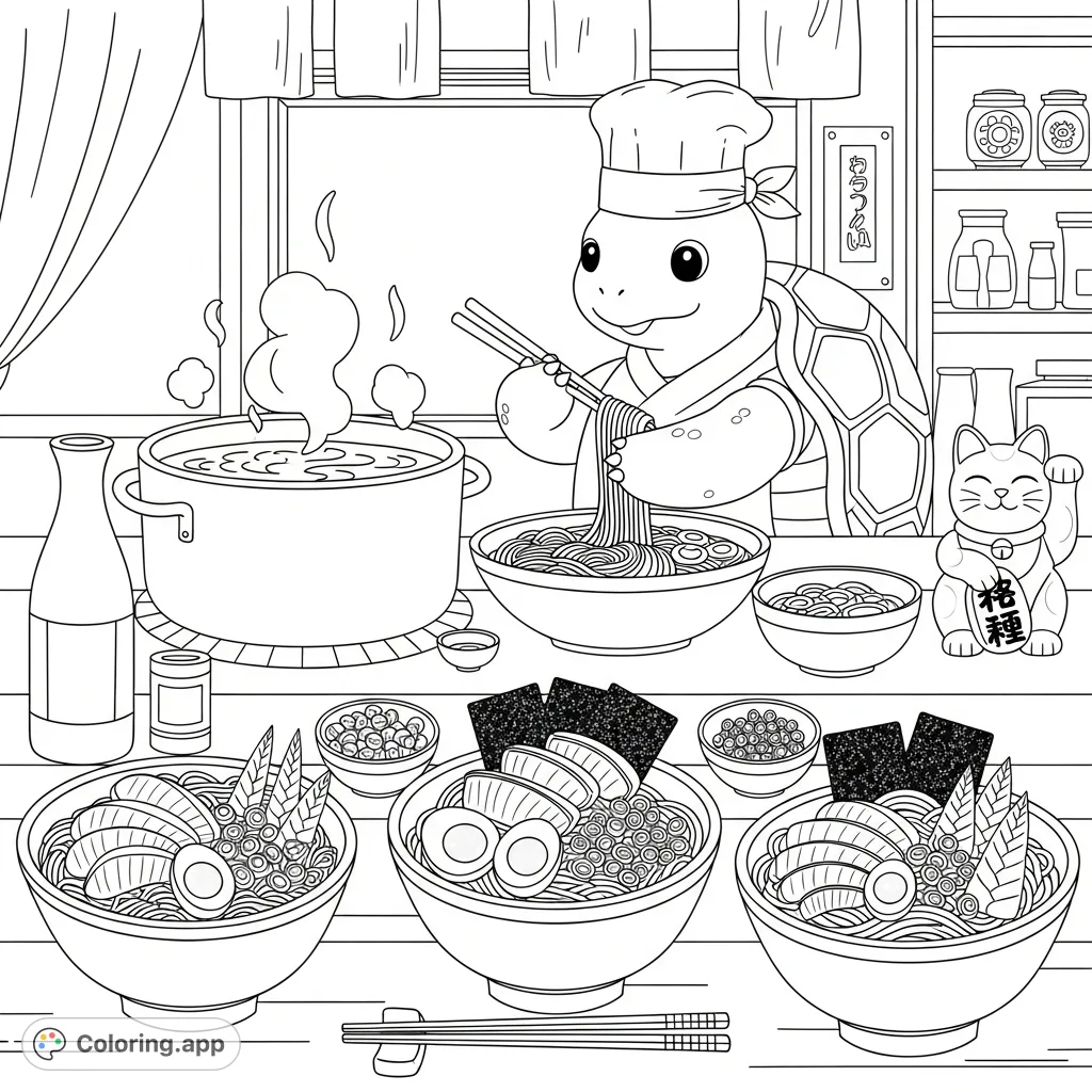 Indulge in this detailed Japanese ramen shop coloring page, featuring a charming turtle chef preparing delicious seafood ramen with intricate toppings.