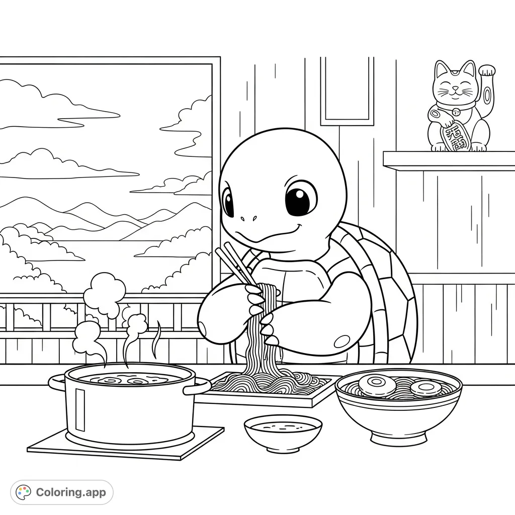 Discover a delightful kawaii turtle skillfully hand-pulling ramen noodles. A steaming pot, a ready bowl, and a charming lucky cat await your creative touch.