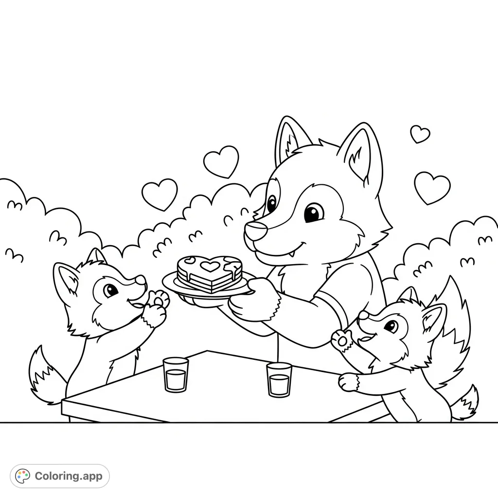 A heartwarming kawaii wolf family sharing a pancake breakfast, with dad offering a heart-shaped treat to two excited pups amidst floating hearts.