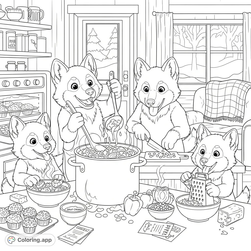 A heartwarming winter cabin scene featuring four adorable kawaii wolf puppies enthusiastically preparing a pot of chili, surrounded by cozy details.
