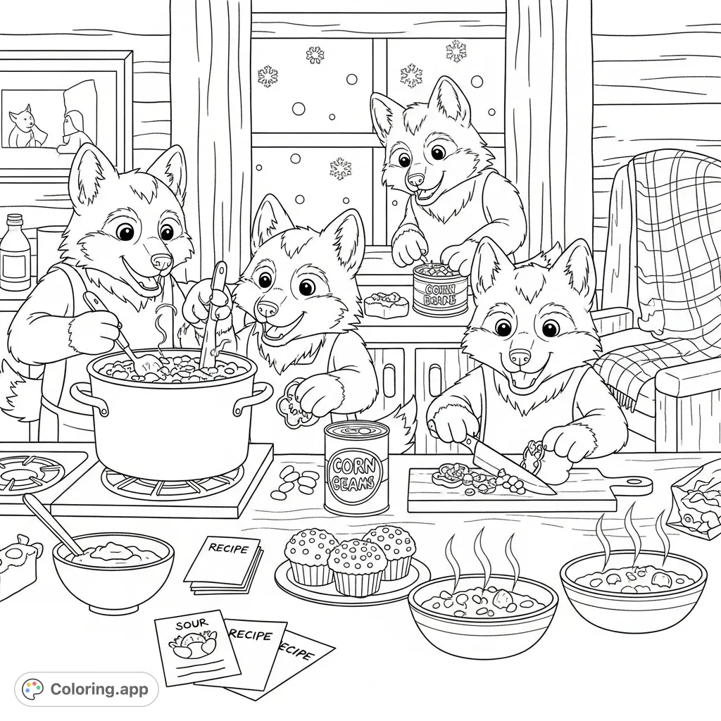 Four adorable kawaii wolf puppies happily prepare chili, corn muffins, and more in a cozy winter cabin, with snow falling outside. A delightful cooking scene!