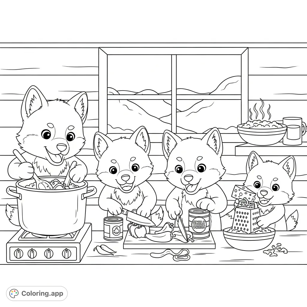 Four adorable kawaii wolf puppies prepare a delicious chili feast in a cozy cabin. A delightful cooking scene perfect for creative coloring fun!