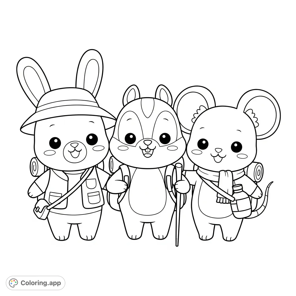 An adorable kawaii-style coloring page featuring a bunny, chipmunk, and mouse on a hiking adventure, perfect for young adventurers and creative minds.