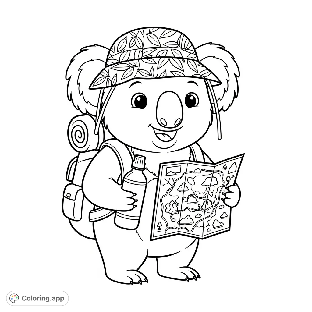 An adorable bipedal koala, outfitted with a eucalyptus leaf hat and backpack, holds a water bottle and trail map, ready for adventure! Perfect for a fun coloring session.