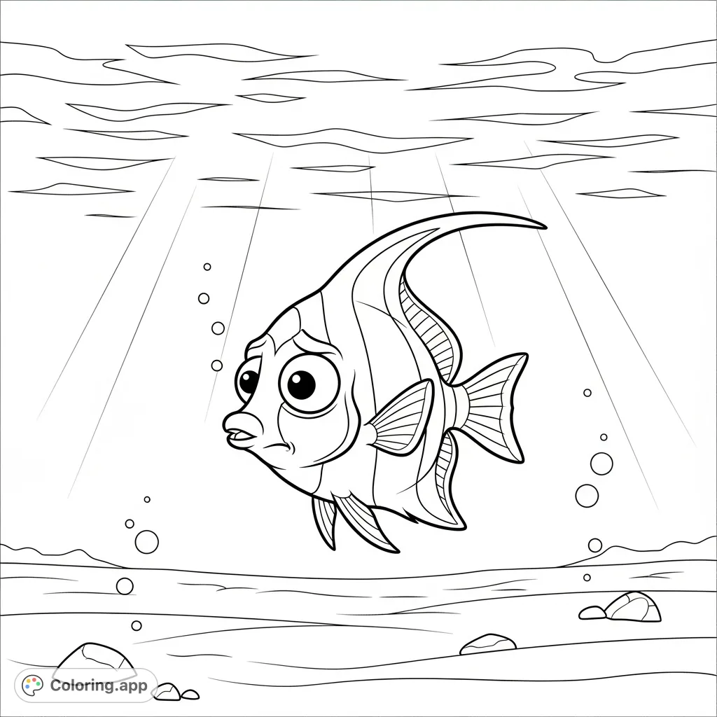 Explore an empathetic underwater scene featuring a small Moorish idol fish expressing gentle fear in a vast ocean. A touching free printable coloring page.
