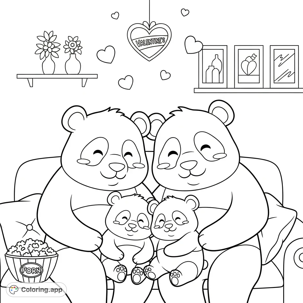 Snuggle up with a kawaii Pandamom, Pandadad, and their two cubs on a cozy couch, surrounded by hearts and popcorn. A heartwarming free printable for all ages.