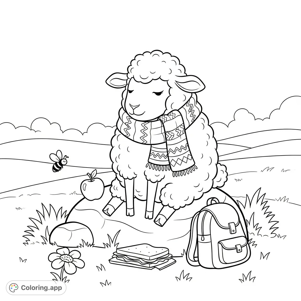 A peaceful kawaii sheep enjoys a trail snack on a rock in a meadow, with a bee visiting a nearby flower. Perfect for a cozy coloring experience!