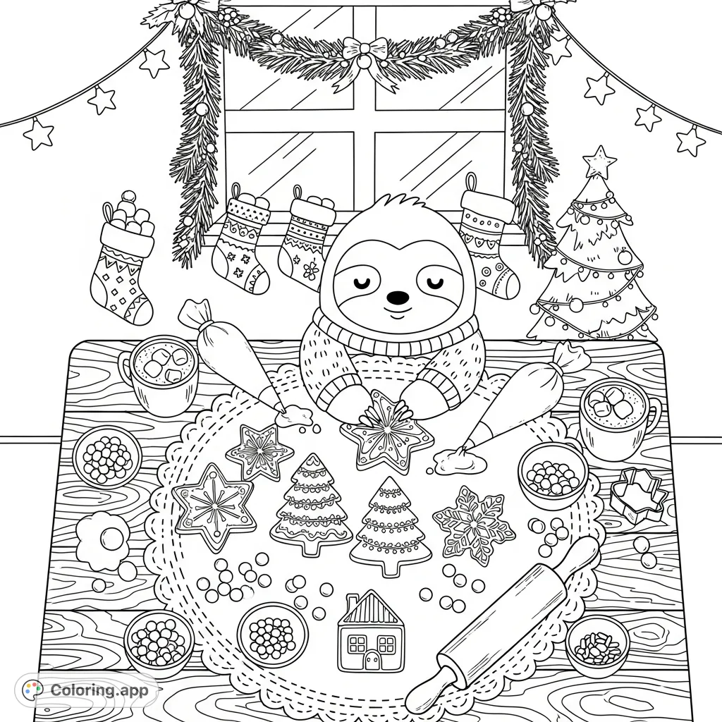 A charming Kawaii sloth decorates festive gingerbread cookies in a cozy, detail-rich Christmas kitchen scene. Perfect for holiday coloring enthusiasts.