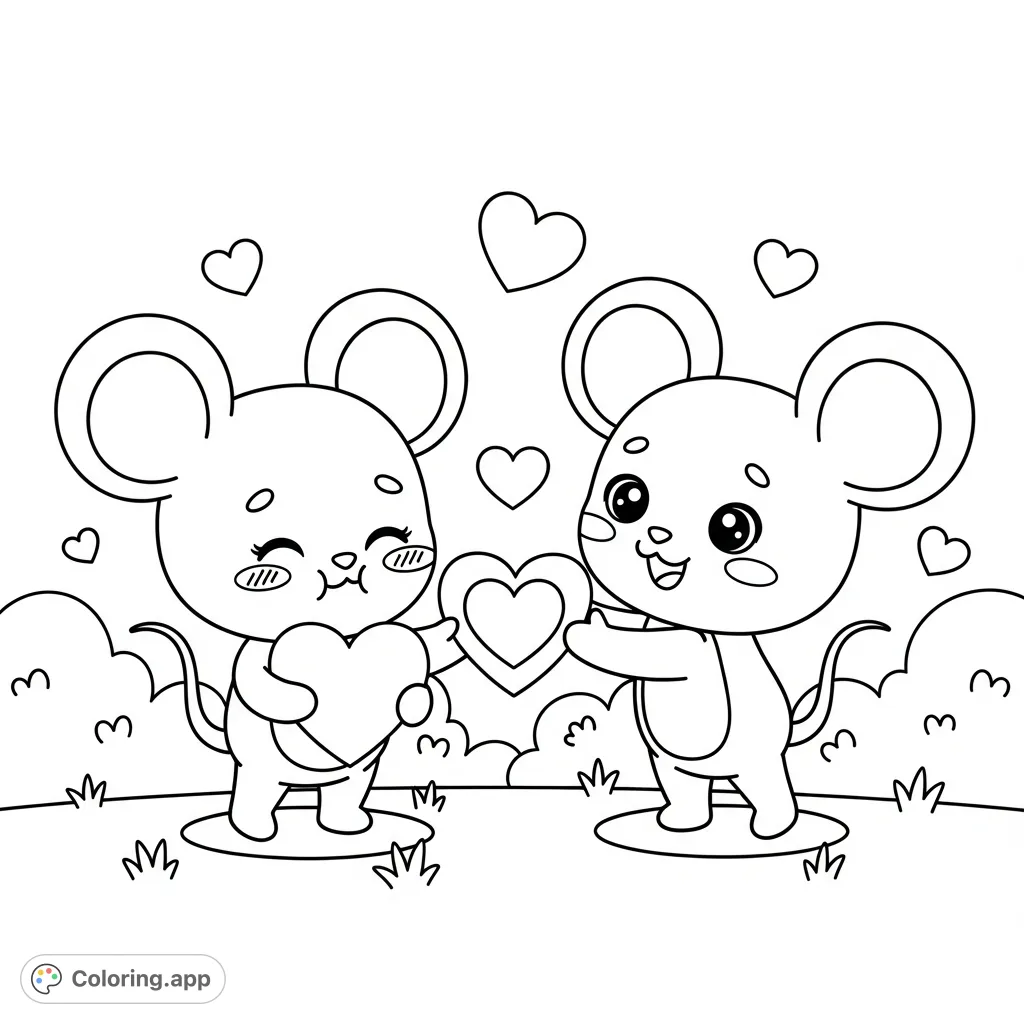 A heartwarming kawaii valentine coloring page featuring two adorable mice exchanging a heart card, surrounded by floating hearts. Perfect for spreading love and joy!