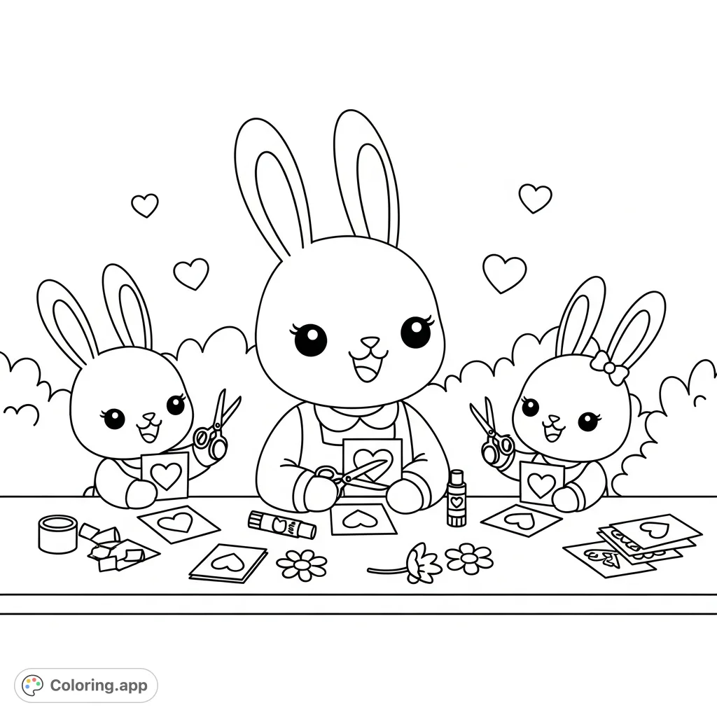 A heartwarming kawaii rabbit family, mom and two kids, joyfully craft Valentine cards with scissors and glue sticks amidst scattered hearts and flowers, perfect for a cozy scene.
