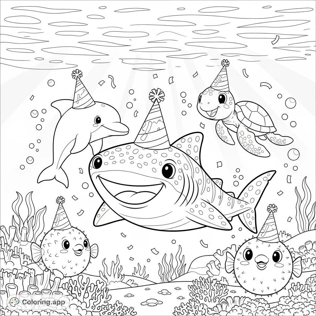 Dive into a joyful underwater birthday party with a smiling whale shark, dolphin, sea turtle, and pufferfish, all wearing festive hats amidst bubbles and confetti.