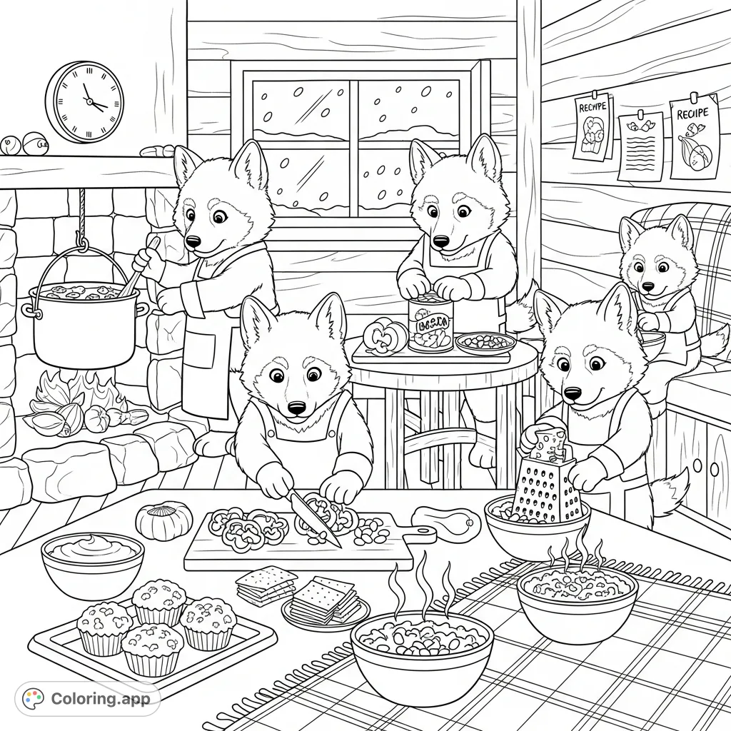 Cozy winter cabin scene with four kawaii wolf puppies making a pot of chili. A heartwarming and detailed free printable coloring page.