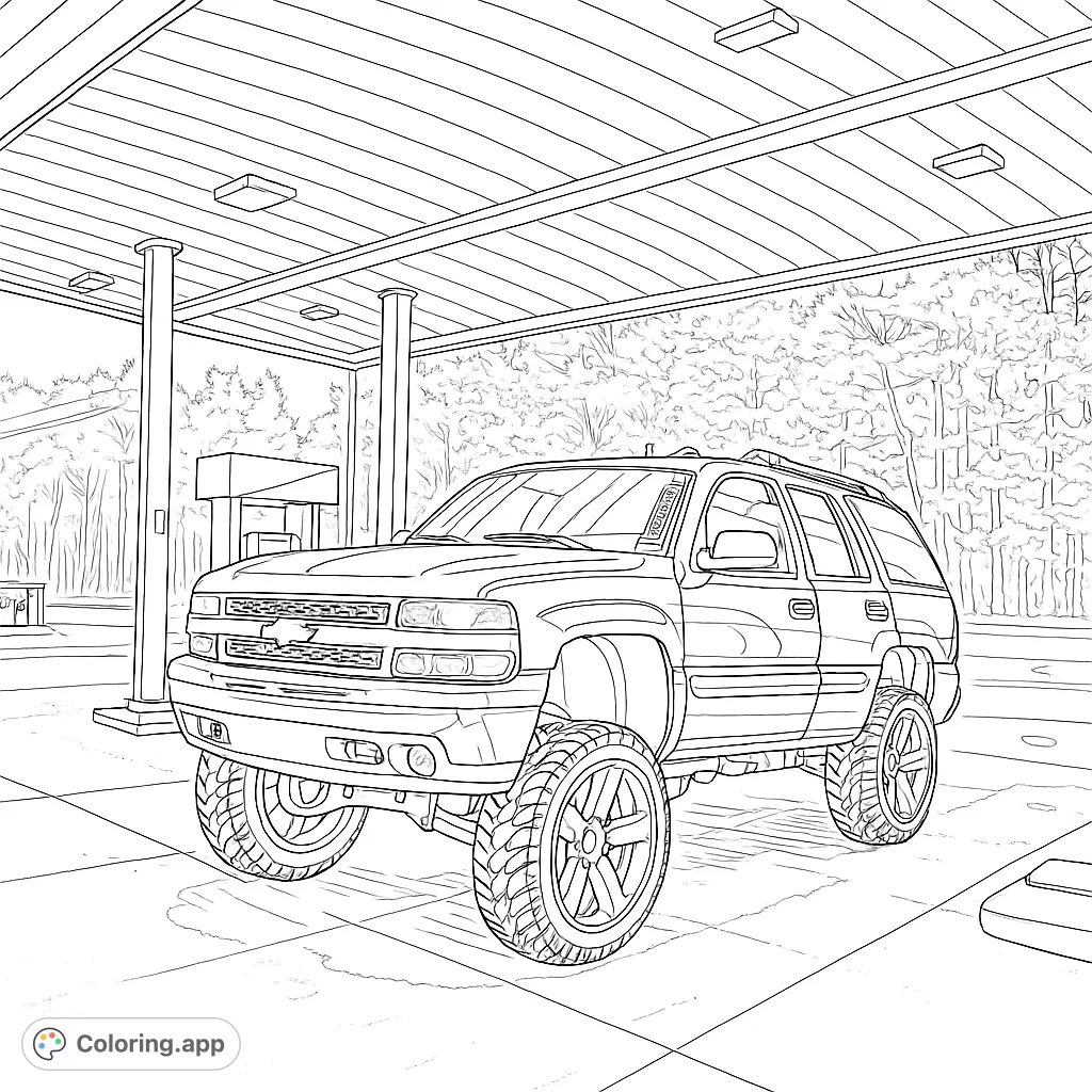 Color a powerful lifted SUV with custom wheels and suspension at a gas station. Perfect for automotive enthusiasts and those who love detailed vehicles.