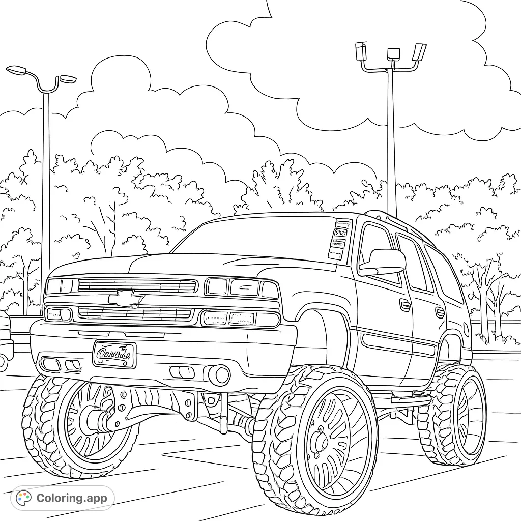 Color this powerful lifted SUV with massive wheels and custom details, set against a cloudy sky and lush trees. Perfect for vehicle enthusiasts!