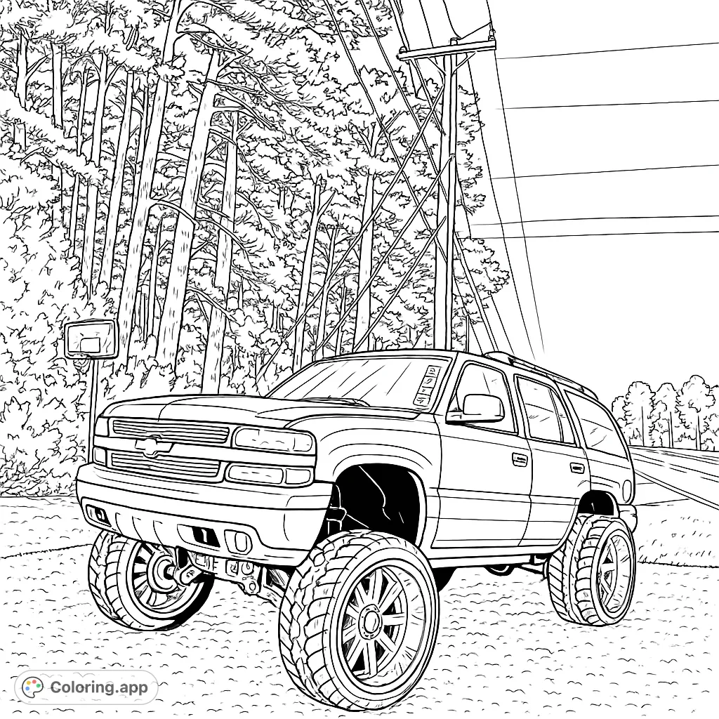 Color a powerful lifted SUV with massive wheels, parked by a tree-lined road. Features a utility pole and a basketball hoop in the background.