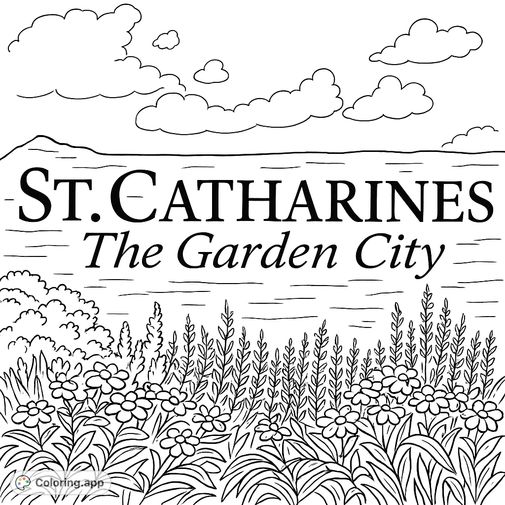 Color the iconic St. Catharines 'The Garden City' sign, surrounded by lush foliage and delicate flowers under a beautiful sky. A detailed free printable coloring page.