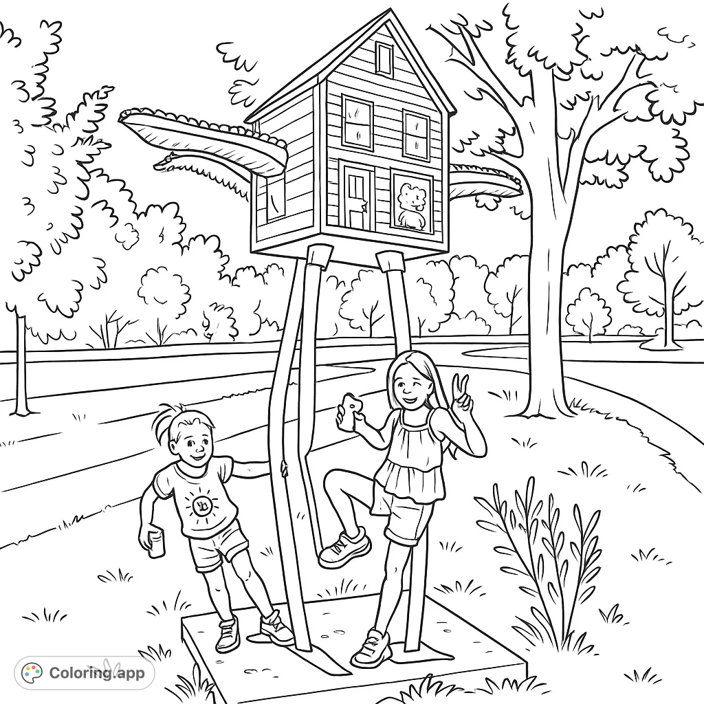 Explore a playful scene featuring a unique house-shaped library on stilts, with two children enjoying a day out. A charming and imaginative coloring page for all ages.