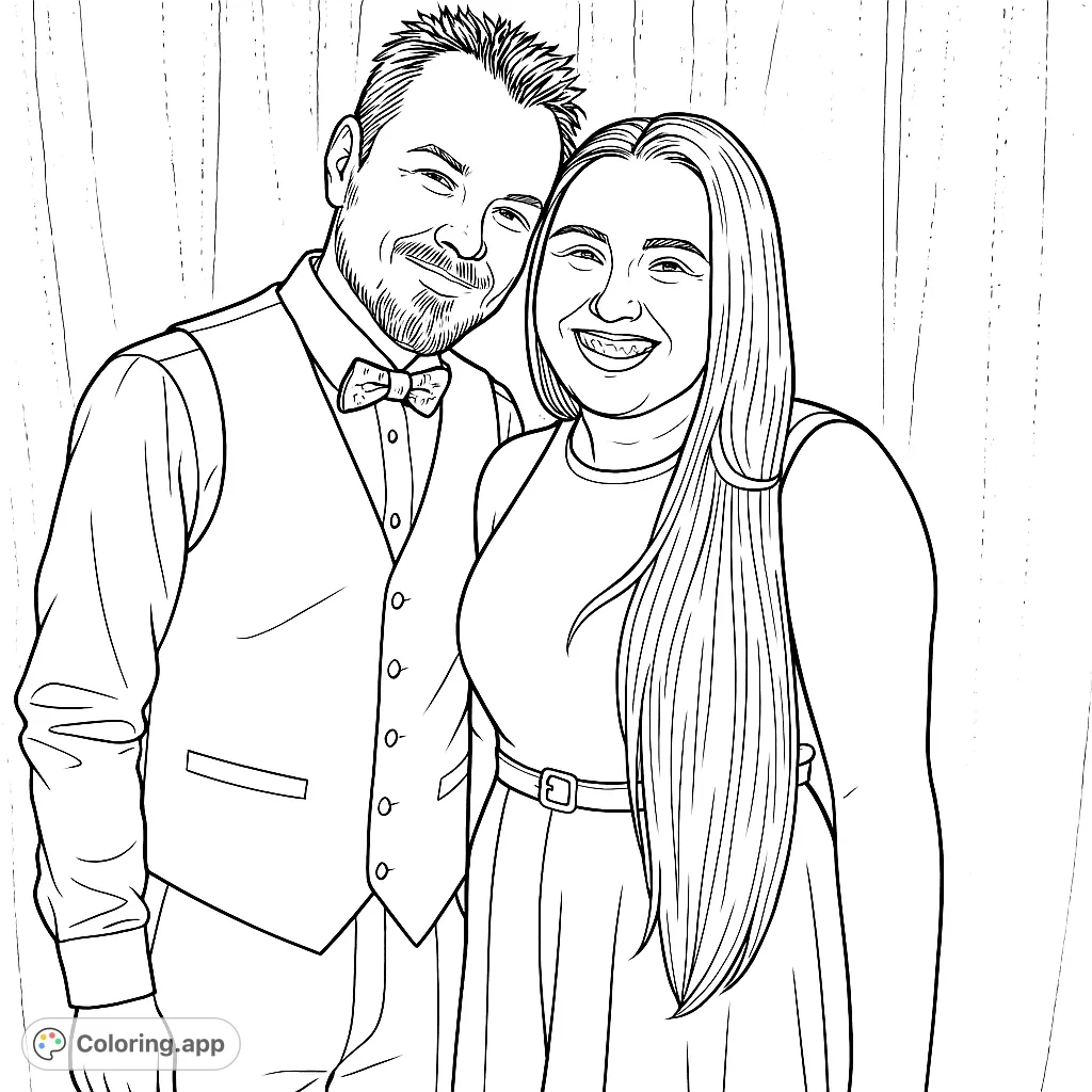 Capture a moment of connection with this elegant couple portrait coloring page, featuring formal attire and a shimmering background. Perfect for personalizing.
