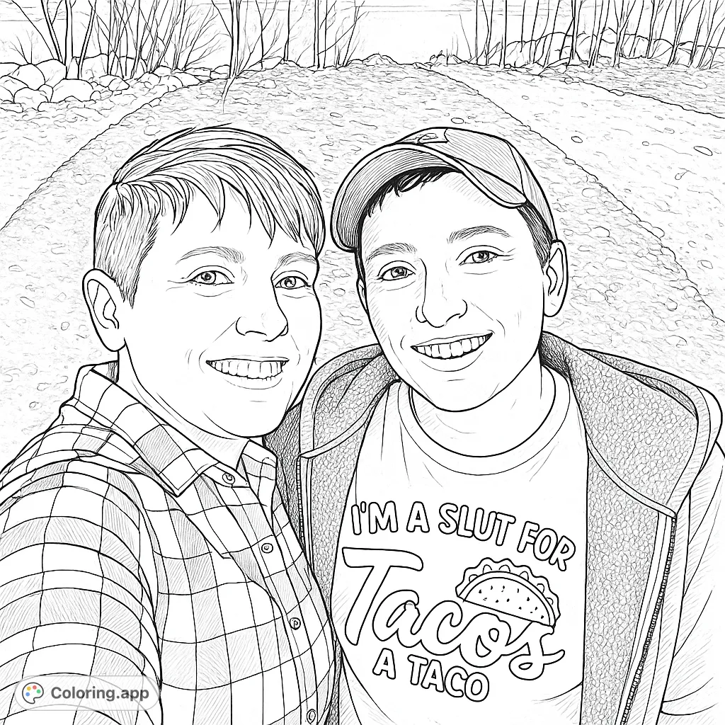 A cheerful duo smiles for a selfie outdoors, set against a textured landscape with trees and water. Perfect for personalizing with your favorite hues.