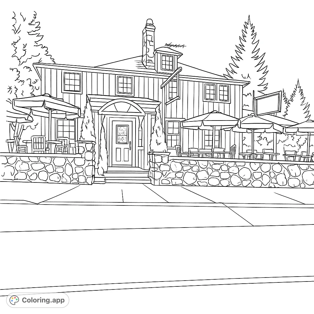 Color a detailed building with a stone chimney, inviting patio, and surrounding trees. Perfect for architecture and urban scene enthusiasts.