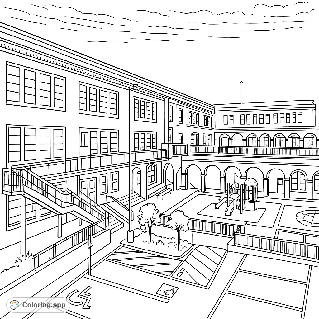 Explore a detailed school building with a fun playground, complete with windows, stairs, and play structures. A perfect school coloring page for all ages.