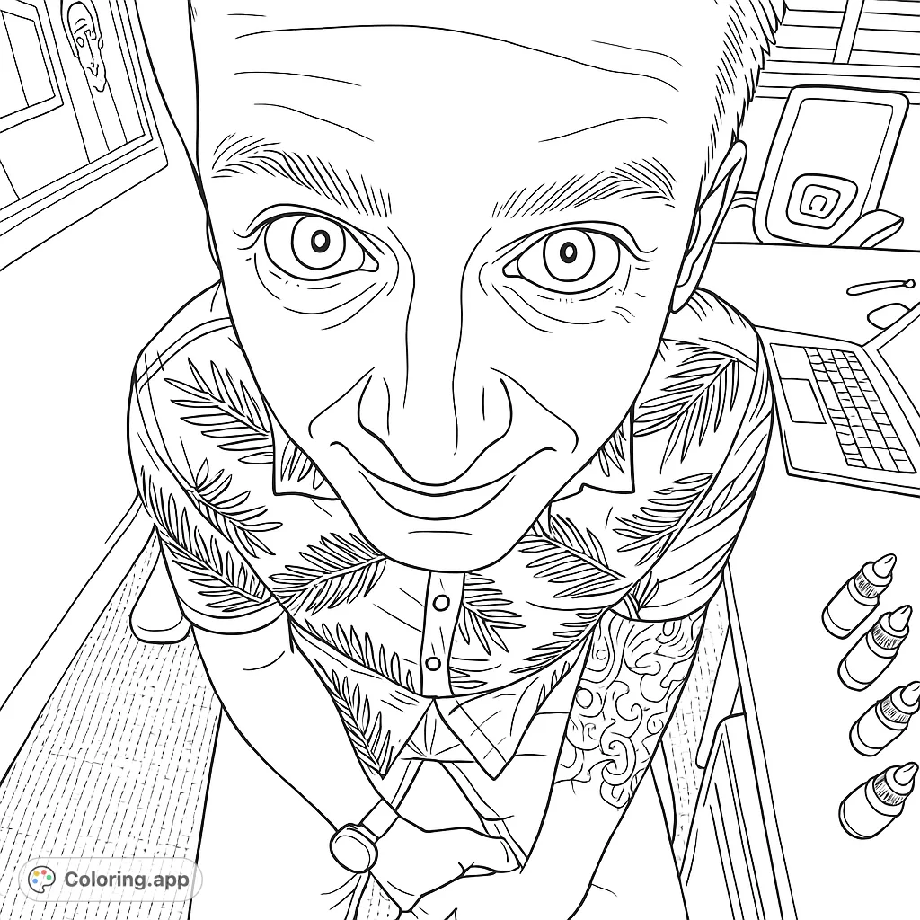 A unique wide-angle portrait of a person with a patterned shirt and intricate tattoo, set in a casual office environment. Explore details and textures.