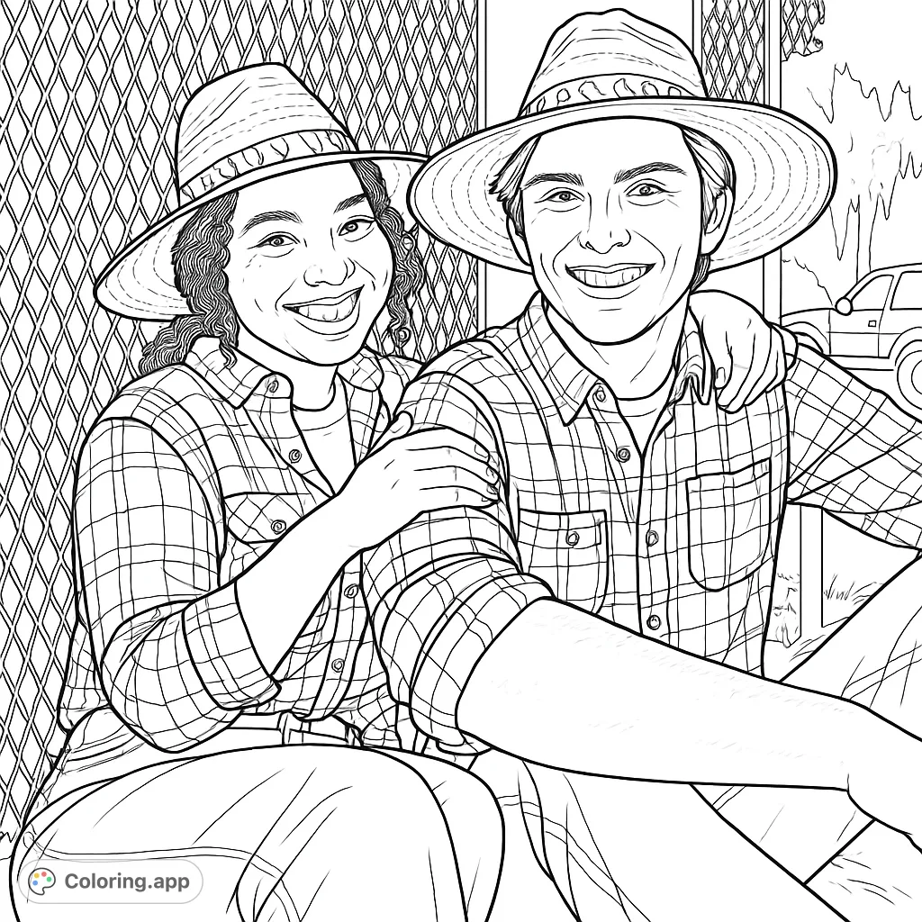 A cheerful coloring page featuring two friends in plaid shirts and straw hats, perfect for adding your own creative flair to their rustic charm.