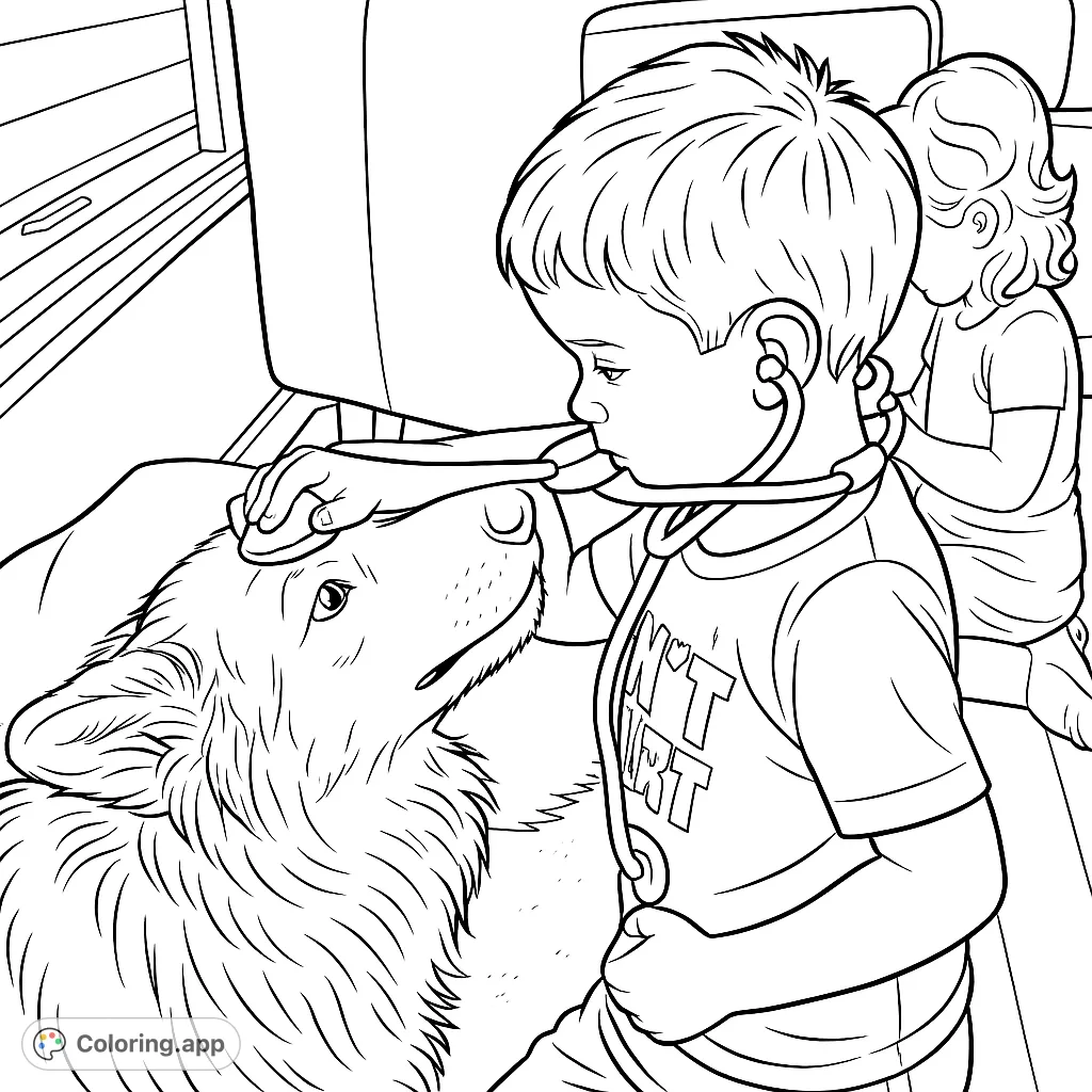 A heartwarming scene of a young boy playing doctor with his loyal dog, fostering imagination and care. Perfect for kids who love pets and pretend play.