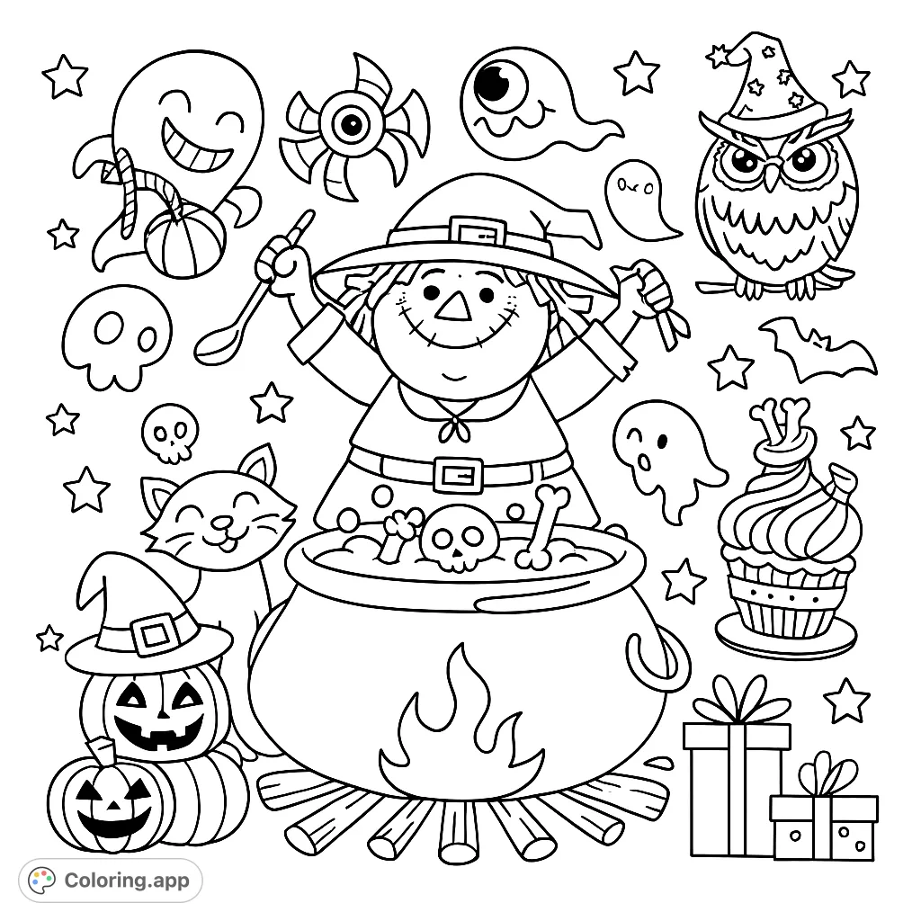 A whimsical witch stirs her bubbling cauldron, surrounded by playful ghosts, spooky pumpkins, and other delightful Halloween creatures. Perfect for festive fun!