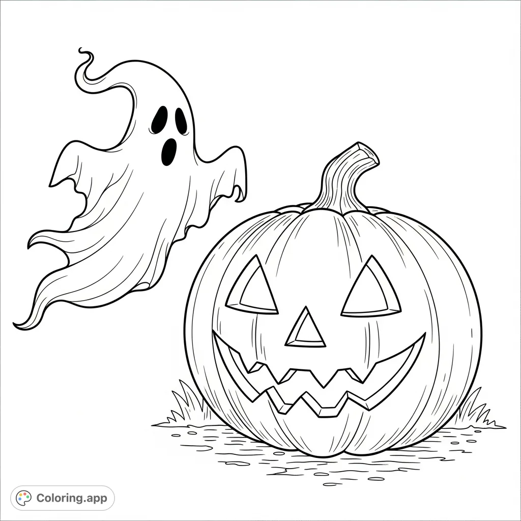 A friendly carved pumpkin with a smiling face stands beside a whimsical ghost, perfect for a fun Halloween coloring page.