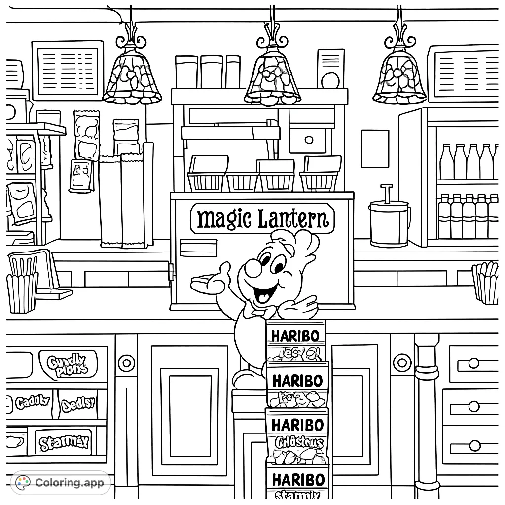 A bustling concession stand with a friendly bear mascot, popcorn machine, and shelves filled with various snacks. Perfect for a fun coloring adventure!